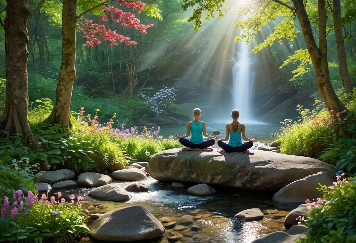 A serene landscape symbolizing wellness, featuring a vibrant green forest with rays of sunlight filtering through the trees and illuminating a peaceful stream. In the foreground, a figure practicing yoga on a smooth rock, surrounded by colorful blooming flowers, representing hope and strength in the face of adversity. The backdrop shows an abstract representation of malignant cells transforming into healthy ones, signifying the battle against tumors. super-realistic. vibrant colors. nature-inspired.