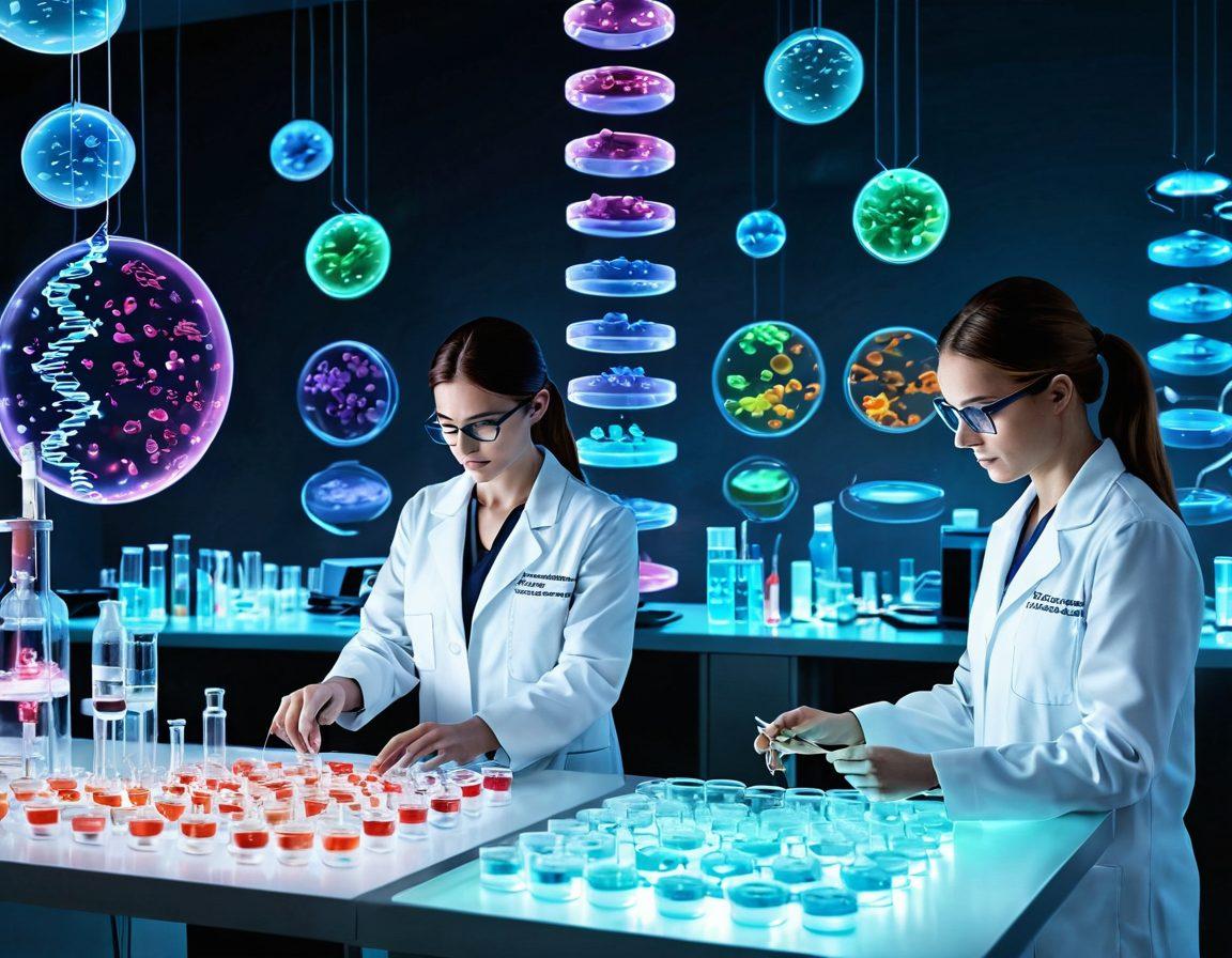 An imaginative laboratory setting with futuristic technology, featuring scientists in lab coats examining glowing petri dishes, DNA helixes floating in the air, and digital screens displaying data on cancer research breakthroughs. The atmosphere is hopeful and vibrant, symbolizing innovation in oncology. super-realistic. vibrant colors. white background.